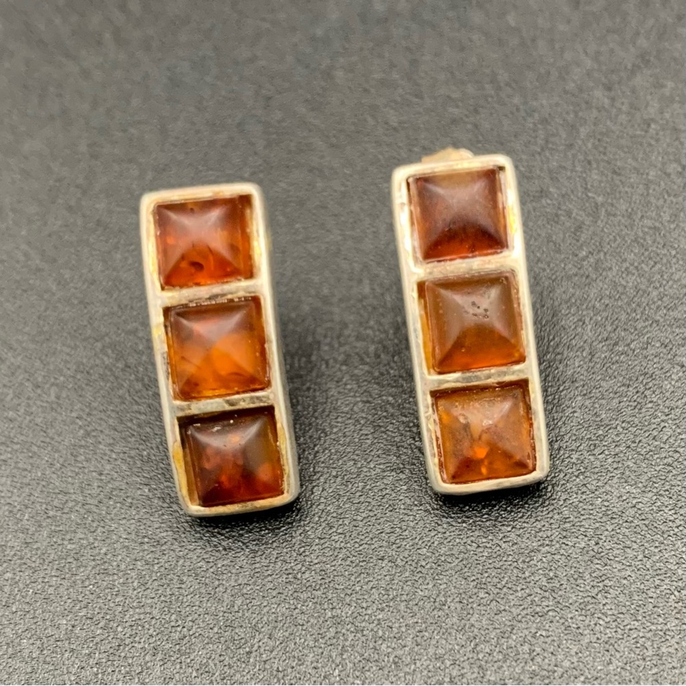 Sterling Silver Triple Baltic Amber Stone Drop Earrings